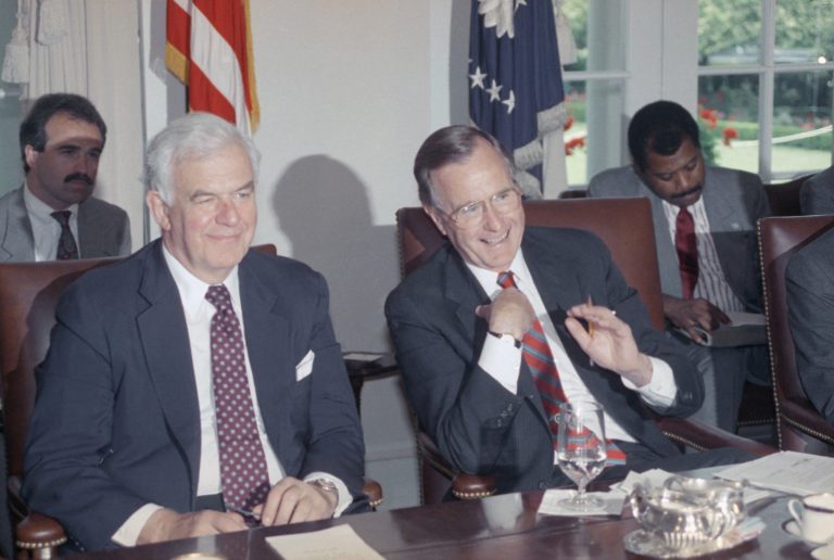 Then-House Speaker Tom Foley sits next to then-President George H. Bush during a meeting with the congressional leadership at the White House in 1989. (AP/Rick Bowmer)
