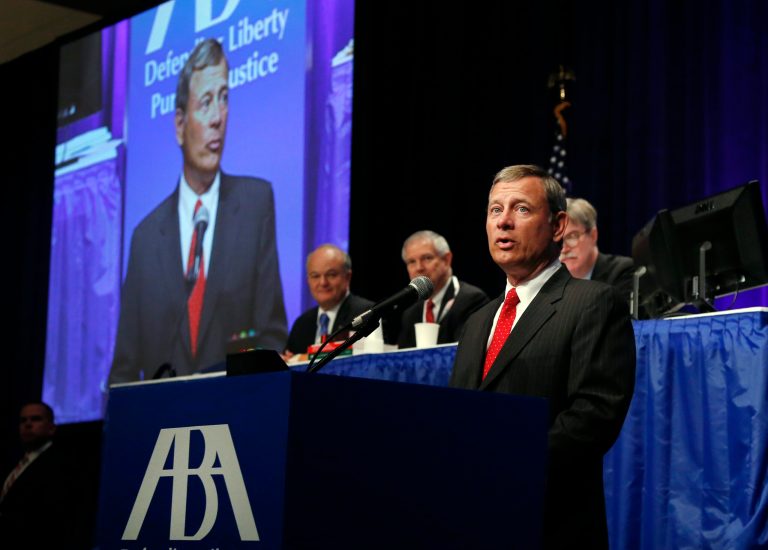 Supreme Court Chief Justice John Roberts speaks at a American Bar Association's 2014 annual meeting in Boston. The ABA will focus on 