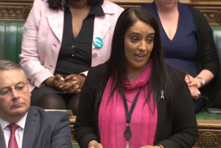 Britain's Labour MP Naz Shah makes a statement in the House of Commons, London, on April 27. (Parliament TV via AP)