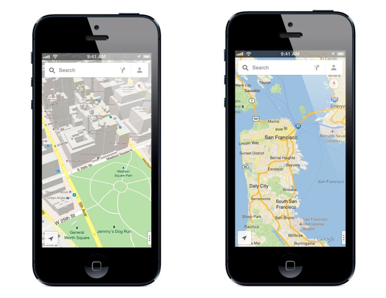   FILE - These file product images made available by Google show the new Google Maps iPhone app. The world's most popular online mapping system returned late Wednesday, Dec. 12, 2012, with the release of the Google Maps iPhone app. The release comes nearly three months after Apple Inc. replaced Google Maps as the device's built-in navigation system and inserted its own map software into the latest version of its mobile operating system. (AP Photo/Google, File)  