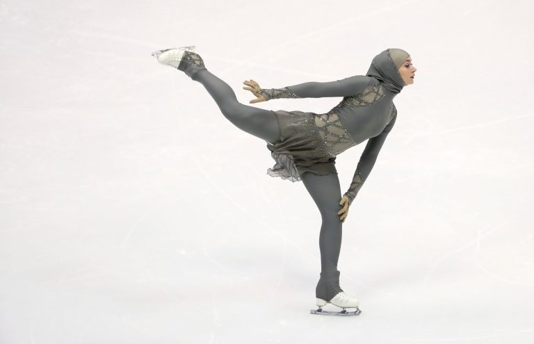 United Arab Emirates figure skater Zahra Lari has worn the exact performance hijab while skating and is excited about its rollout to the international market. (AP Photo/Eugene Hoshiko)