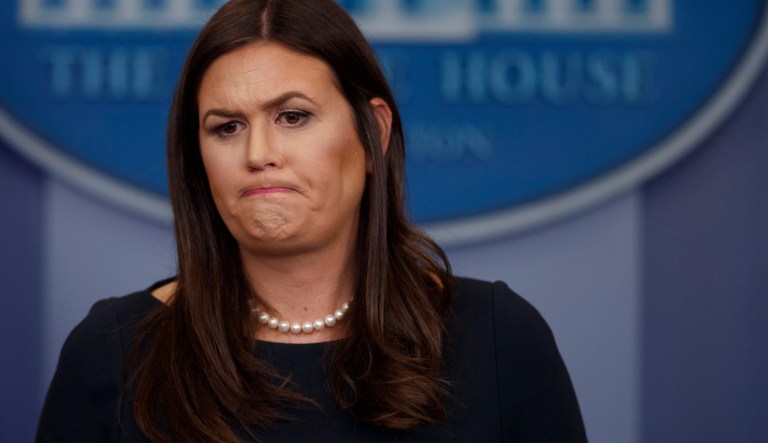 White House press secretary Sarah Huckabee Sanders listens to a question during the daily press briefing, Monday, Sept. 25, 2017, in Washington. (AP Photo/Evan Vucci)