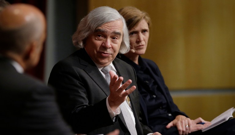 Ernest Moniz, former U.S. Secretary of Energy, center, takes questions as Harvard professor Samantha Power, former U.S. Ambassador to the United Nations, right, looks on Monday, Oct. 16, 2017, at a forum called 