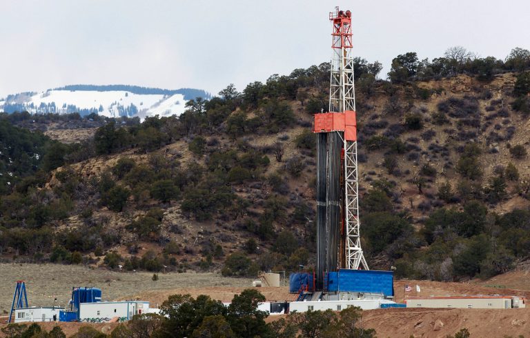 In this March 29, 2013 file photo, a rig drills for natural gas which will eventually be released using hydraulic fracturing, or fracking, on leased private property outside Rifle, in western Colorado. (AP Photo/Brennan Linsley, File)