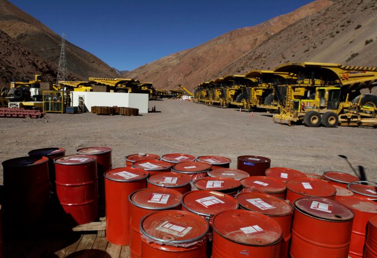 Mining machinery and barrels with chemicals sit on the facilities of Barrick Gold Corp's Pascua-Lama project in northern Chile, Thursday, May 23, 2013. Chile's environmental regulator has stopped construction and imposed sanctions on Barrick Gold Corp.'s $8.5 billion Pascua-Lama project, citing 