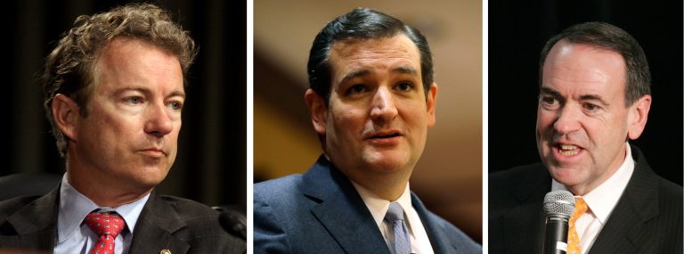 Sen. Rand Paul, R-Ky., from left, Sen. Ted Cruz, R-Texas and former Arkansas Gov. Mike Huckabee are scheduled to headline a conference Saturday in Manchester, N.H., hosted by the conservative groups Citizens United and Americans for Prosperity. (AP Photo/File)