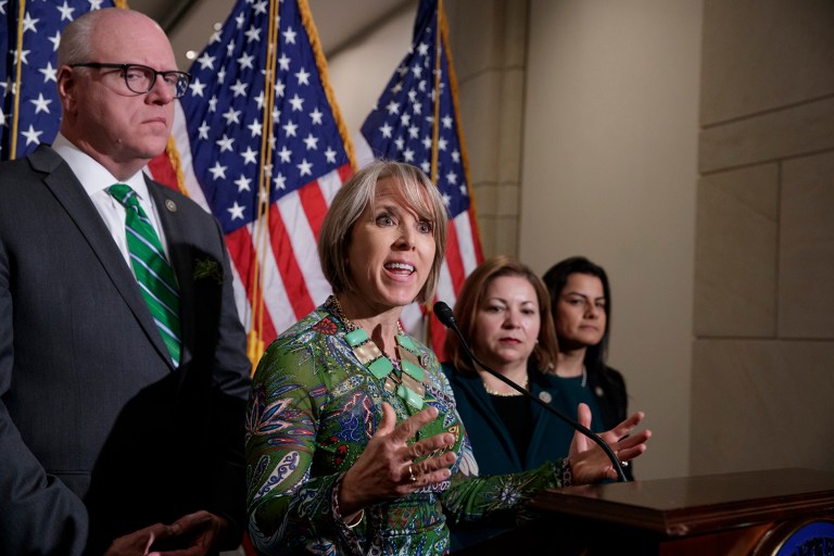 From left, Democratic Caucus Chairman Rep. Joe Crowley, D-N.Y., Congressional Hispanic Caucus Chair Rep. Michelle Lujan Grisham, D-N.M., Rep. Linda Sanchez, D-Calif., and Rep. Nanette Barragan, D-Calif., meet with reporters on Capitol Hill in Washington, Friday, March, 17, 2017, following a meeting between the Congressional Hispanic Caucus and Homeland Security Secretary John Kelly about immigration. (AP Photo/J. Scott Applewhite)