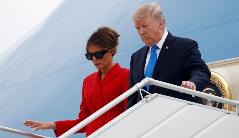 President Trump and first lady Melania Trump arrive on Air Force One at Orly Airport in Paris, Thursday, July 13, 2017. (AP Photo/Carolyn Kaster)