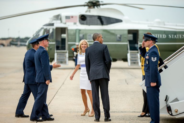 President Barack Obama, accompanied by second lady Jill Biden, arrives at Andrews Air Force Base, Md., Wednesday, Sept. 9, 2015. (AP Photo/Andrew Harnik)