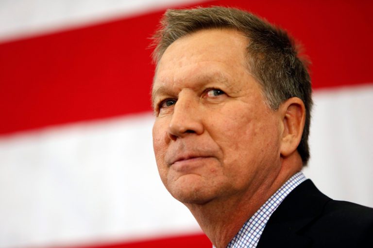 Gov. John Kasich, R-Ohio, speaks at the Republican Leadership Summit Saturday, April 18, 2015, in Nashua, N.H. (AP Photo/Jim Cole)