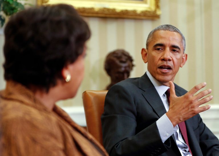 President Barack Obama looks over to with Attorney General Loretta Lynch during their meeting in the Oval Office of the White House in Washington, Tuesday, July 19, 2016. She pushed to punish sanctuary cities with funding cuts. (AP Photo/Pablo Martinez Monsivais)