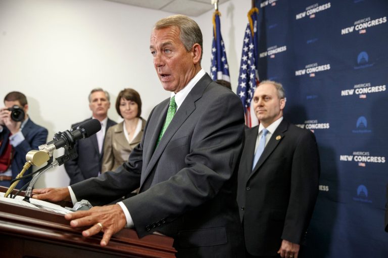 House Speaker John Boehner of Ohio, joined by, from second from left, House Majority Leader Kevin McCarthy of Calif., and Rep. Cathy McMorris Rodgers, R-Wash., House Majority Whip Steve Scalise of La. speaks during a news conference on Capitol Hill in Washington, Wednesday, Jan. 7, 2015. (AP Photo/J. Scott Applewhite)