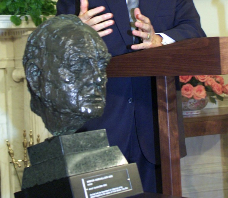 President Obama stressed that he keeps a bust of Winston Churchill right outside his private office in the White House residence because he respects the legendary wartime leader and orator. (AP Photo)