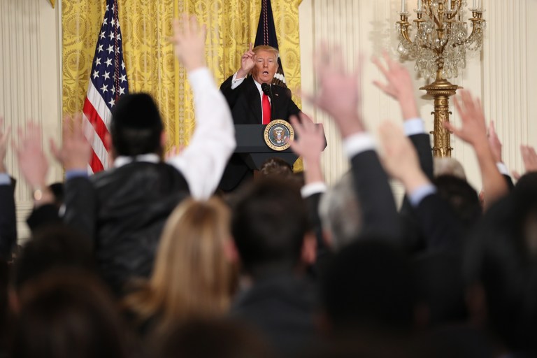 President Trump criticized the media during a news conference in the East Room of the White House in Washington on Thursday. (AP Photo/Andrew Harnik)