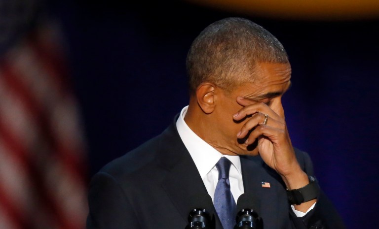 President Barack Obama wipes his tears as he speaks at McCormick Place in Chicago, Tuesday, Jan. 10, 2017, giving his presidential farewell address. (AP Photo/Charles Rex Arbogast)