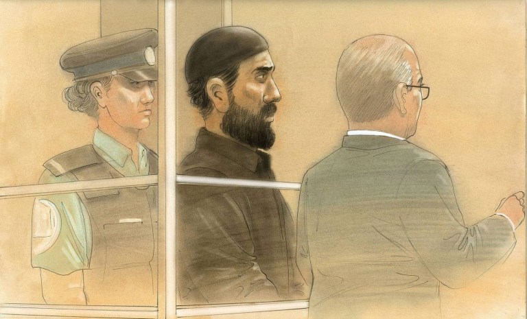 In this courtroom sketch, Raed Jaser appears in court in Toronto on Tuesday, April 23, 2013. Jaser, 35, and Chehib Esseghaier, 30, were arrested and charged Monday in what the RCMP said was the first known al-Qaida terror plot in Canada. (AP Photo/The Canadian Press, John Mantha)