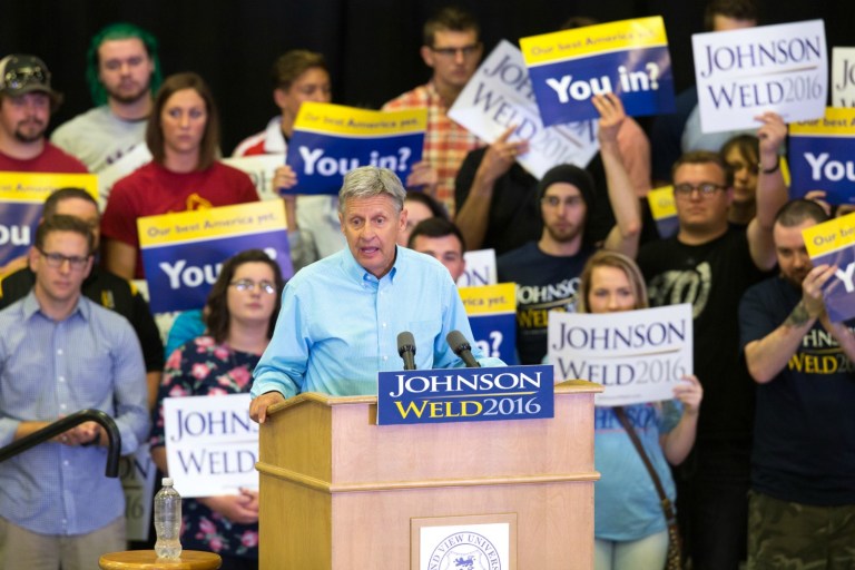 Libertarian presidential candidate Gary Johnson speaks during a campaign rally, Saturday, Sept. 3, 2016, at Grand View University in Des Moines, Iowa. (AP Photo/Scott Morgan)