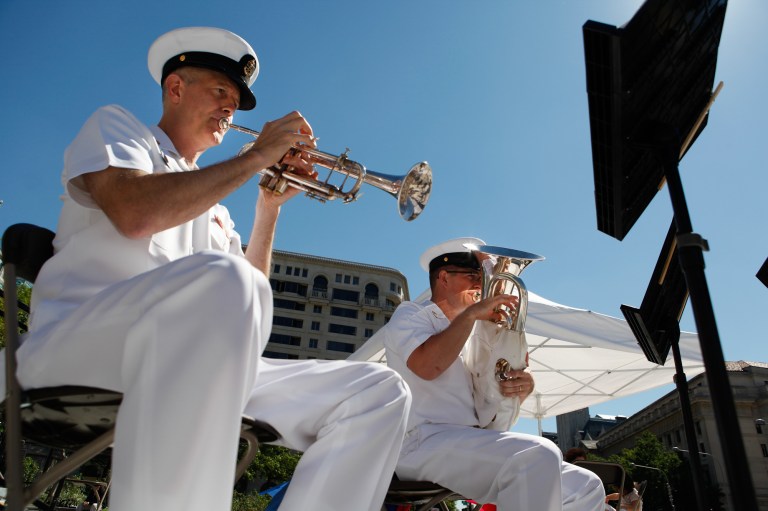 The U.S. Navy band brass quartet plays at the Sept. 11 day of service and remembrance in Freedom Plaza. (Graeme Jennings/Examiner)