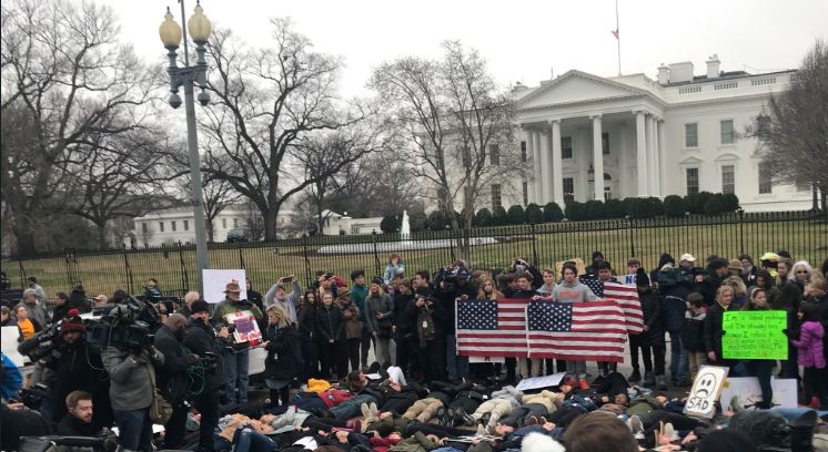 About 17 students initially laid down in front of the executive mansion for three minutes to symbolize the time it took Nikolas Cruz to kill the same number of people with an AR-style rifle at Marjory Stoneman Douglas High School on Wednesday. (Twitter)