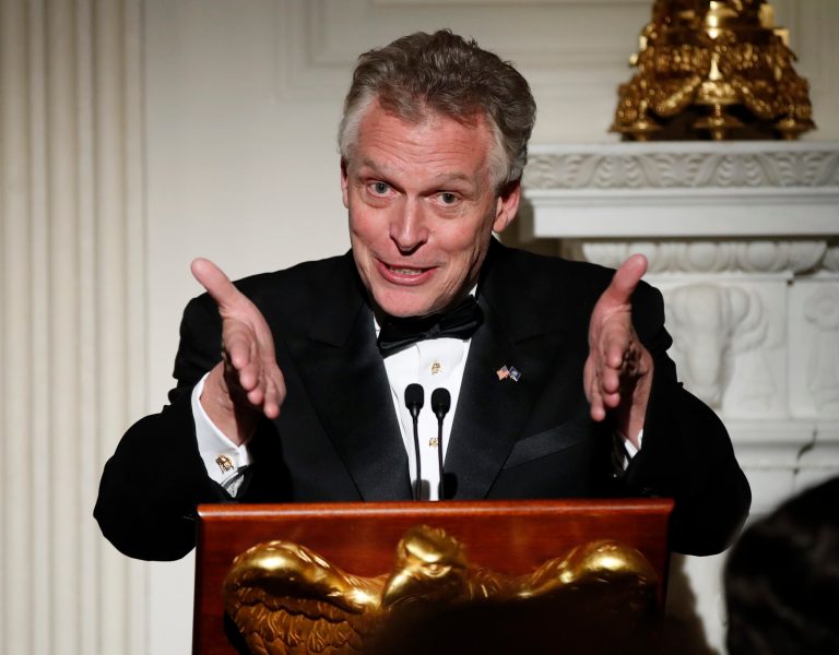 National Governors Association Chair Virginia Gov. Terry McAuliffe speaks at a dinner reception for the governors during the annual National Governors Association winter meeting Sunday, Feb. 26, 2017, at the State Dining Room of the White House in Washington. (AP Photo/Manuel Balce Ceneta)