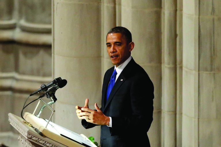 President Barack Obama speaks at the funeral service for the late Sen. Daniel Inouye, D-Hawaii, at the Washington National Cathedral, Friday, Dec. 21, 2012. (AP Photo/Charles Dharapak)