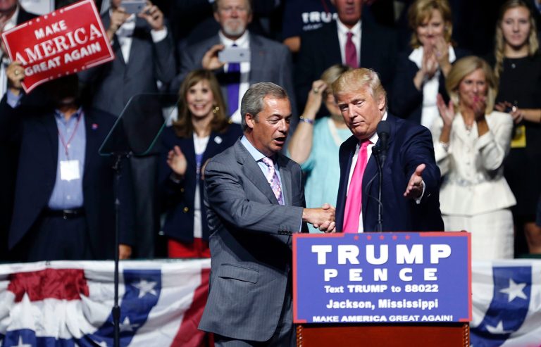 Trump is trying to revive his campaign by identifying with another recent populist revolt: Brexit. (AP Photo/Gerald Herbert)