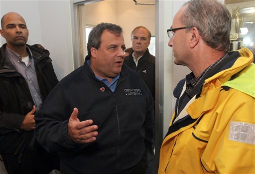 New Jersey Gov. Chris Christie speaks with Harvey Cedars, NJ, Mayor Jonathan Oldhan Wednesday, Nov. 7, 2012 at the High Point Fire Company in Harvey Cedars, NJ, on Long Beach Island. The Governor held a news conference at the High Point Fire Company in Harvey Cedars, N.J. on Long Beach Island ahead of a Nor'easter that is heading for the Jersey Shore. (AP Photo/The Asbury Park Press, Thomas P. Costello)