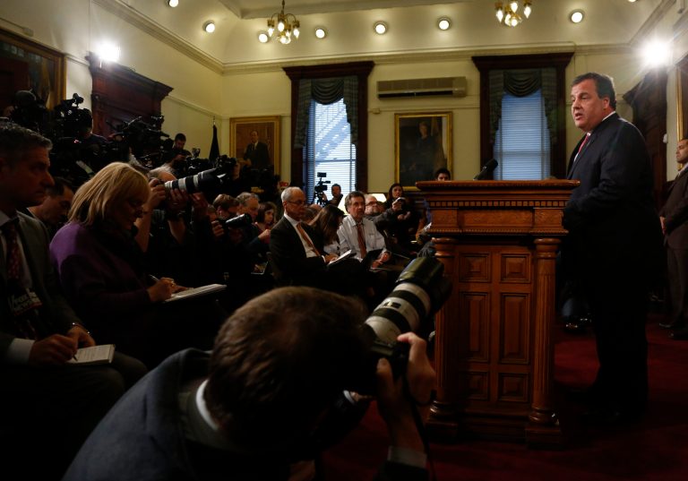 New Jersey Gov. Chris Christie speaks with the press about his knowledge of a traffic study that snarled traffic at the George Washington Bridge during a news conference on January 9 at the Statehouse in Trenton, New Jersey. (Photo by Jeff Zelevansky/Getty images)