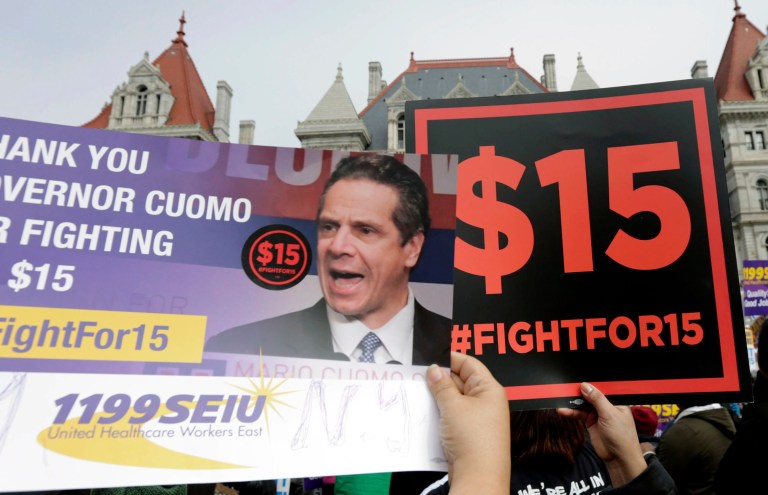 In an email chain discussing New York City Mayor Bill DeBlasio's decision to come out in favor of more than doubling the minimum wage, Neera Tanden noted that her group had not formally come out for it, and warned that Hillary Clinton shouldn't either. (AP Photo/Mike Groll)