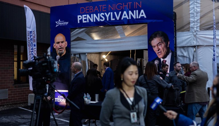 Media outside the 2022 senatorial debate night tent between Democratic candidate John Fetterman and Republican candidate Mehmet Oz in Harrisburg, Pennsylvania, Wednesday, Oct. 25, 2022. 