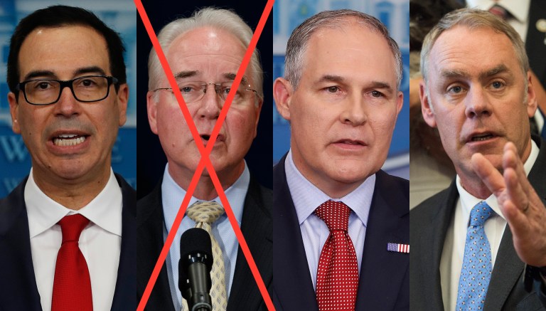 A quartet of Trump administration officials -- Treasury Secretary Steven Mnuchin, Health and Human Services Secretary Tom Price, EPA Administrator Scott Pruitt, and Interior Secretary Ryan Zinke -- have become embroiled in a growing controversy over the use of private or military aircraft. Price resigned Friday amid the controversy. (AP Photos)