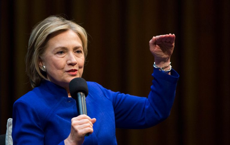 Former U.S. Secretary of State Hillary Rodham Clinton gestures during a book launch in Berlin, Germany, Sunday, July 6, 2014. The former Secretary of State  is on a tour promoting her new book, 