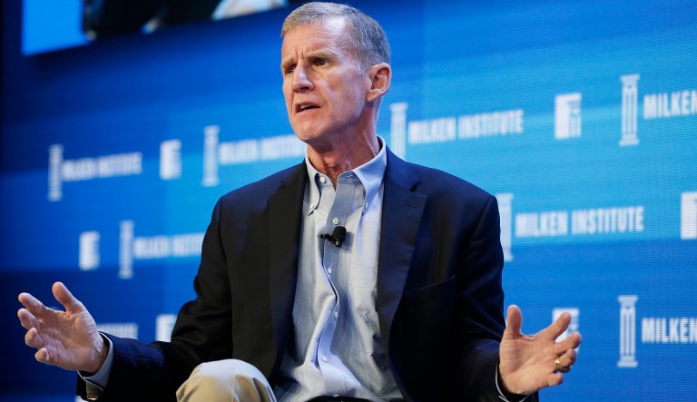 Stanley McChrystal, chairman of Siemens Government Technologies Inc., speaks during the annual Milken Institute Global Conference in Beverly Hills, California, U.S., on Monday, May 2, 2016. The conference gathers attendees to explore solutions to today's most pressing challenges in financial markets, industry sectors, health, government and education.
