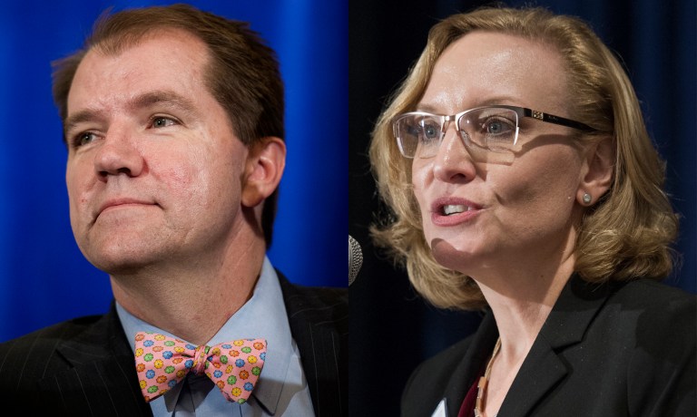 Texas Supreme Court Justice Don Willett and Michigan Supreme Court Justice Joan Larsen spoke at a convention hosted by the Federalist Society. (AP Photo/Cliff Owen)