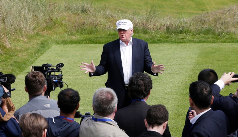 Donald Trump speaks to the media at his golf course in Aberdeen, Scotland.