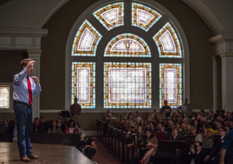 Republican presidential candidate Sen. Rand Paul, R-Ky., speaks during a rally in Seattle's Town Hall on Wednesday, Aug. 26, 2015. (Steve Ringman/The Seattle Times via AP)