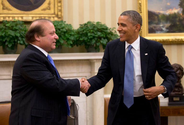 President Barack Obama shakes hands with Pakistan Prime Minister Nawaz Sharif at the conclusion of their meeting in the Oval Office of the White House in Washington, Wednesday, Oct. 23, 2013.  In the rocky relationship between the U.S. and Pakistan, the mere fact that Obama and Sharif sit down is seen as a sign of progress. Few breakthroughs are expected on the numerous hot-button issues on their agenda Wednesday, including American drone strikes and Pakistan's alleged support of the Taliban. (AP Photo/Pablo Martinez Monsivais)