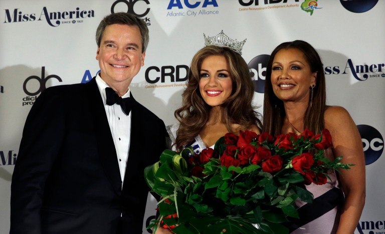 Sam Haskell, left, has resigned as chairman and CEO of the Miss America Organization. (AP Photo/Mel Evans)