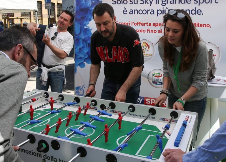 Matteo Salvini takes his shot. (AP Photo/Luca Bruno)