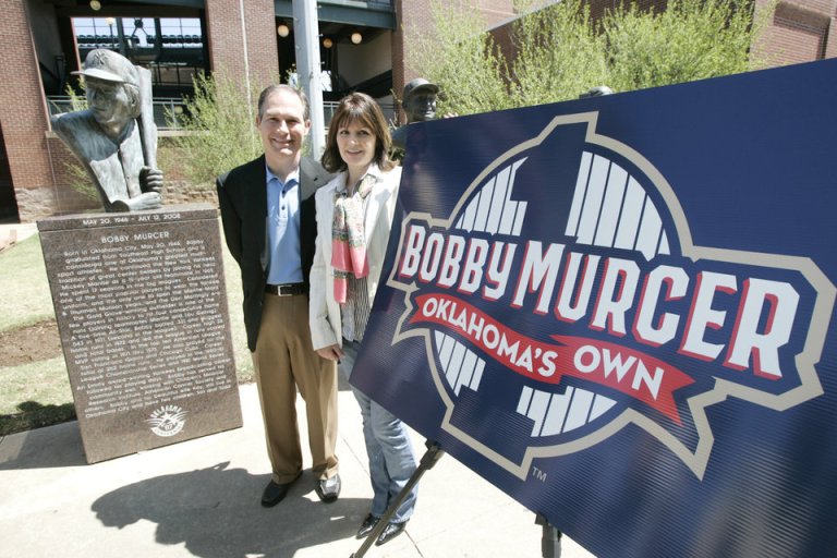 Scott Pruitt poses with Kay Murcer, widow of Bobby Murcer during a news conference on Tuesday, April 14, 2009, announcing that the RedHawks will retire the #1 jersey in honor of Bobby Murcer in a special ceremony on April 17 at the Bricktown Ballpark in Oklahoma City, Okla. ( AP Photo/ The Oklahoman, Steve Gooch)