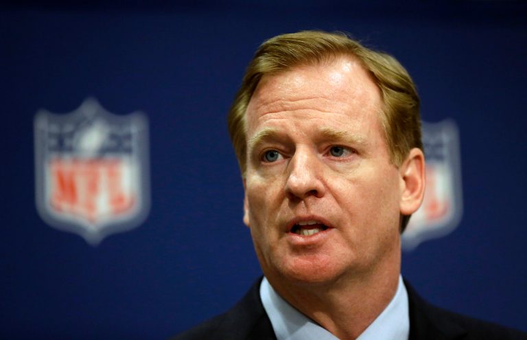 FILE - In this May 20, 2014, file photo, NFL Commissioner Roger Goodell speaks at a press conference at the NFL's spring meeting in Atlanta. Steve Silverman, the lead plaintiffs' attorney, said this week, dozens of former players are joining a lawsuit against the NFL saying teams kept handing out powerful painkillers and other drugs with few, if any, safeguards as recently as 2012 to keep players on the field. That extends by four years the time frame for similar claims made by hundreds of former players in the original complaint and could open the door to a criminal investigation.  (AP Photo/David Goldman, File)