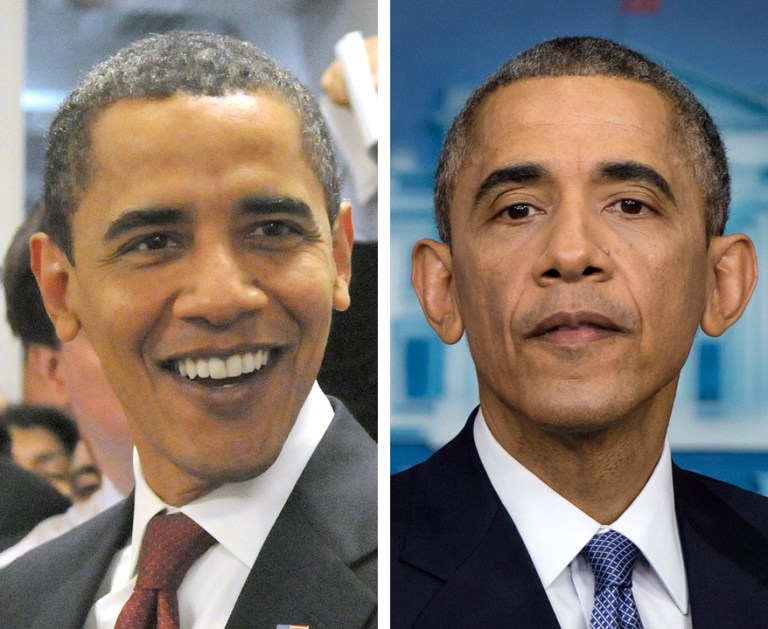 This composite image shows President Obama in the White House press room on Jan. 22, 2009, left, and Dec. 19, 2014. (Wire photos)