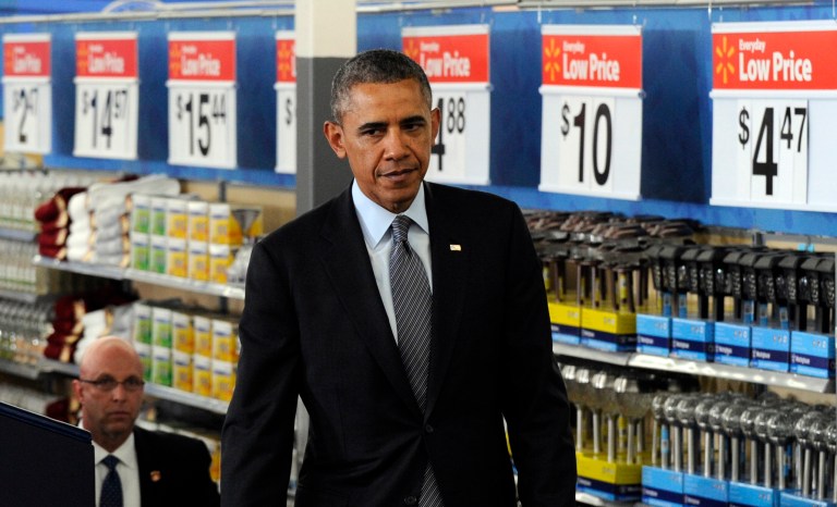 President Barack Obama speaks about energy at a Walmart in Mountain View, Calif., Friday, May 9, 2014. (AP Photo/Susan Walsh)