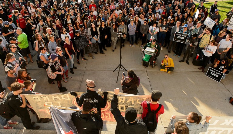 Free speech zones, or limited public forums, are areas set aside by universities for expressive activity. (Trent Nelson/The Salt Lake Tribune via AP)