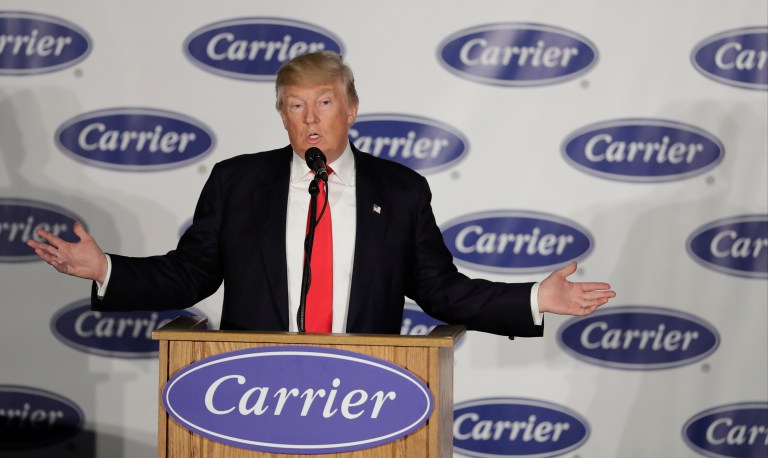 President-elect Trump's successful deal to keep Carrier's jobs in the U.S. is being used to coax support for clean energy subsidies left out of last year's omnibus spending bill. (AP Photo/Darron Cummings)
