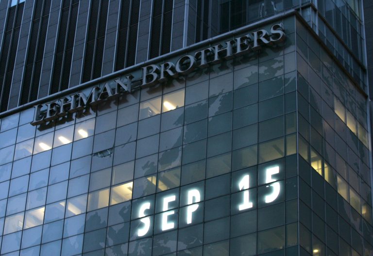   FILE - In this Sept. 15, 2008 file photo, Lehman Brothers world headquarters is shown in New York, the day the 158-year-old investment bank, choked by the credit crisis and falling real estate values, filed for bankruptcy. After weeks of intense focus on the crisis in Syria, the White House is set to use the five-year anniversary of the Lehman Bros. collapse next week to lay claim to an economic turnaround and to press congressional Republicans to not use the threat of a shutdown or a unprecedented debt default to extract a delay of President Barack Obama's signature health care. (AP Photo/Mark Lennihan, file)  