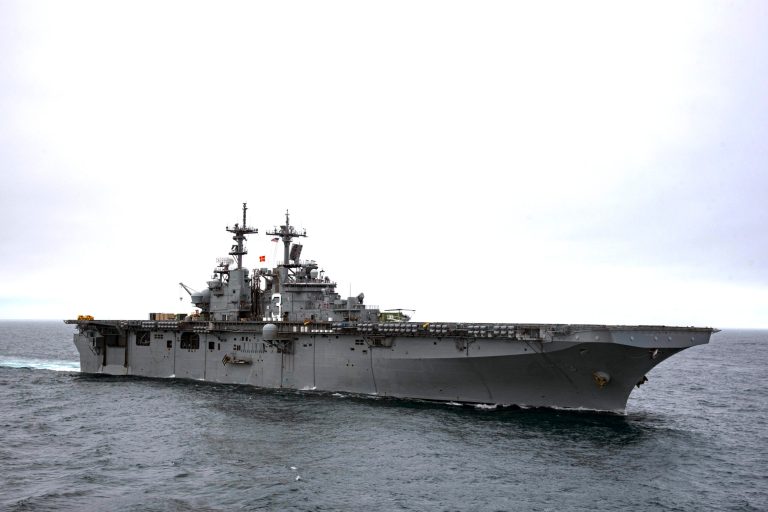 The amphibious assault ship USS Kearsarge, pictured, and the dock landing ship USS Oak Hill will leave Virginia for Texas on Thursday to aid flood victims following Hurricane Harvey. (Navy photo)