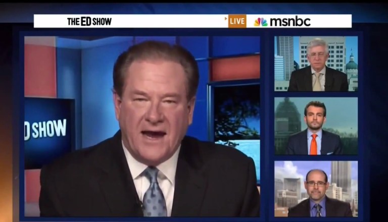 MSNBC's Ed Schultz grew impatient Tuesday evening as he and a guest battled over whether Indiana's new Religious Freedom Restoration Act discriminates against gays, prompting the increasingly agitated cable news host at one point to cut off his guest's microphone.Â (MSNBC)
