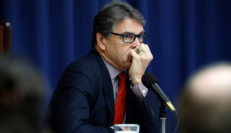 Energy Secretary Rick Perry listens to a question at a news conference, Tuesday, July 18, 2017, at the National Press Club in Washington. (AP Photo/Jacquelyn Martin)