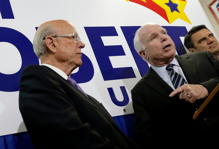 Sen. Pat Roberts, R-Kansas (left) and Sen. John McCain, who chairs the Armed Services Committee, told the Washington Examiner they aren't willing to use their full power as senators and block Obama's nominations over the issue. (AP File Photo/Charlie Riedel)